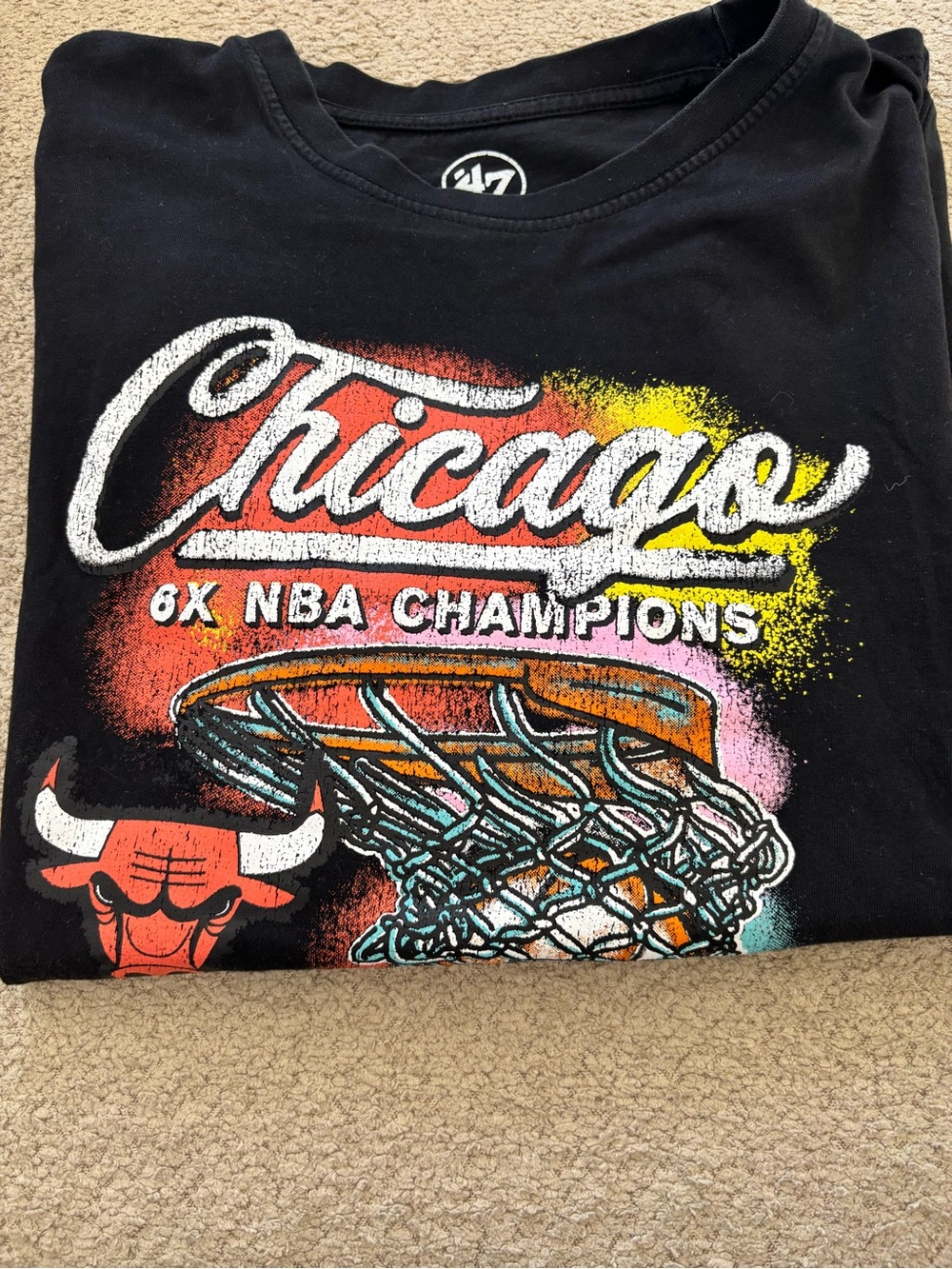 '47 Black Graphic Tee with White Neck Label and Multicolor Print